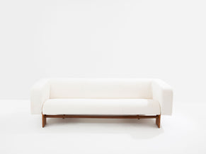 Italian brutalist sofa solid walnut and white chenille velvet 1960s