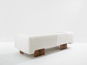 Italian brutalist sofa solid walnut and white chenille velvet 1960s