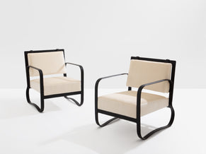 Jacques Adnet paire de fauteuils cuir noir et velours de mohair 1950