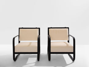 Jacques Adnet paire de fauteuils cuir noir et velours de mohair 1950