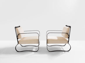 Jacques Adnet paire de fauteuils cuir noir et velours de mohair 1950