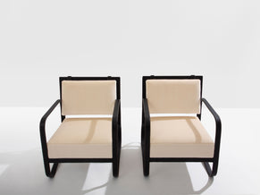 Jacques Adnet paire de fauteuils cuir noir et velours de mohair 1950