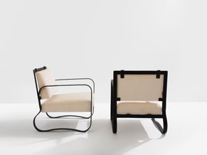 Jacques Adnet paire de fauteuils cuir noir et velours de mohair 1950