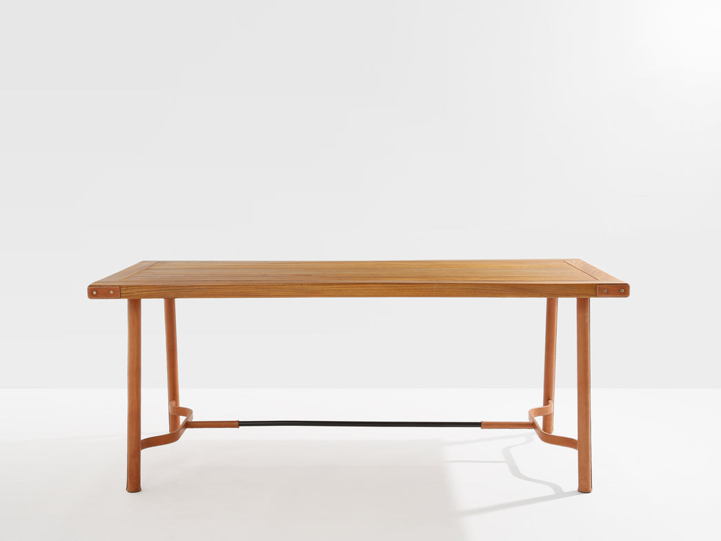 Jacques Adnet oakwood and red leather dining table 1950