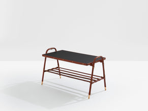 Jacques Adnet table basse cuir rouge piqué sellier et laiton 1950