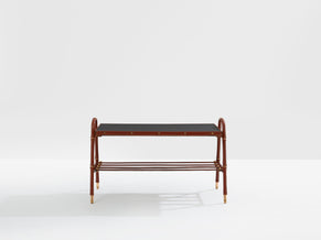 Jacques Adnet table basse cuir rouge piqué sellier et laiton 1950