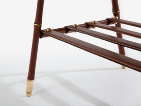 Jacques Adnet table basse cuir rouge piqué sellier et laiton 1950