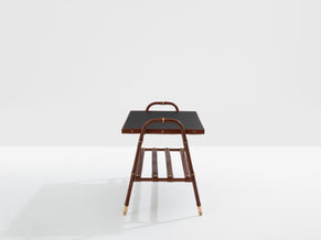 Jacques Adnet table basse cuir rouge piqué sellier et laiton 1950