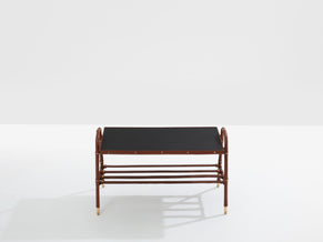 Jacques Adnet table basse cuir rouge piqué sellier et laiton 1950