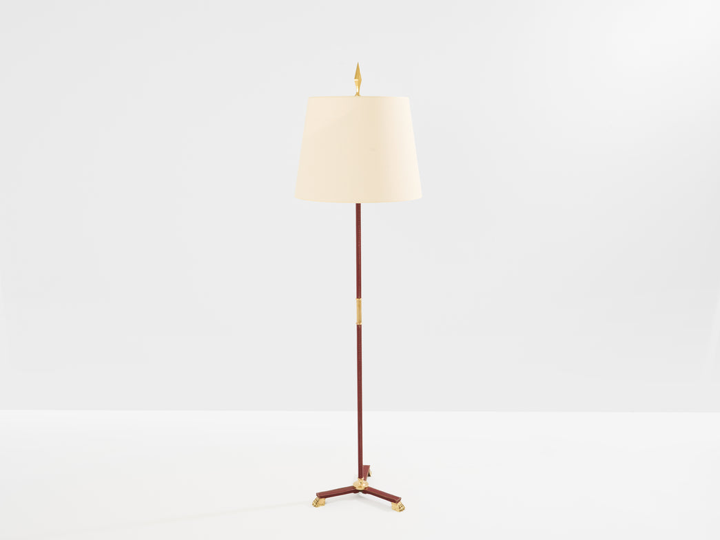 Jacques Adnet pique sellier red leather brass floor lamp 1950