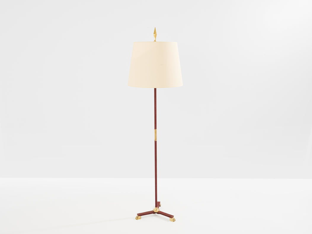 Jacques Adnet pique sellier red leather brass floor lamp 1950