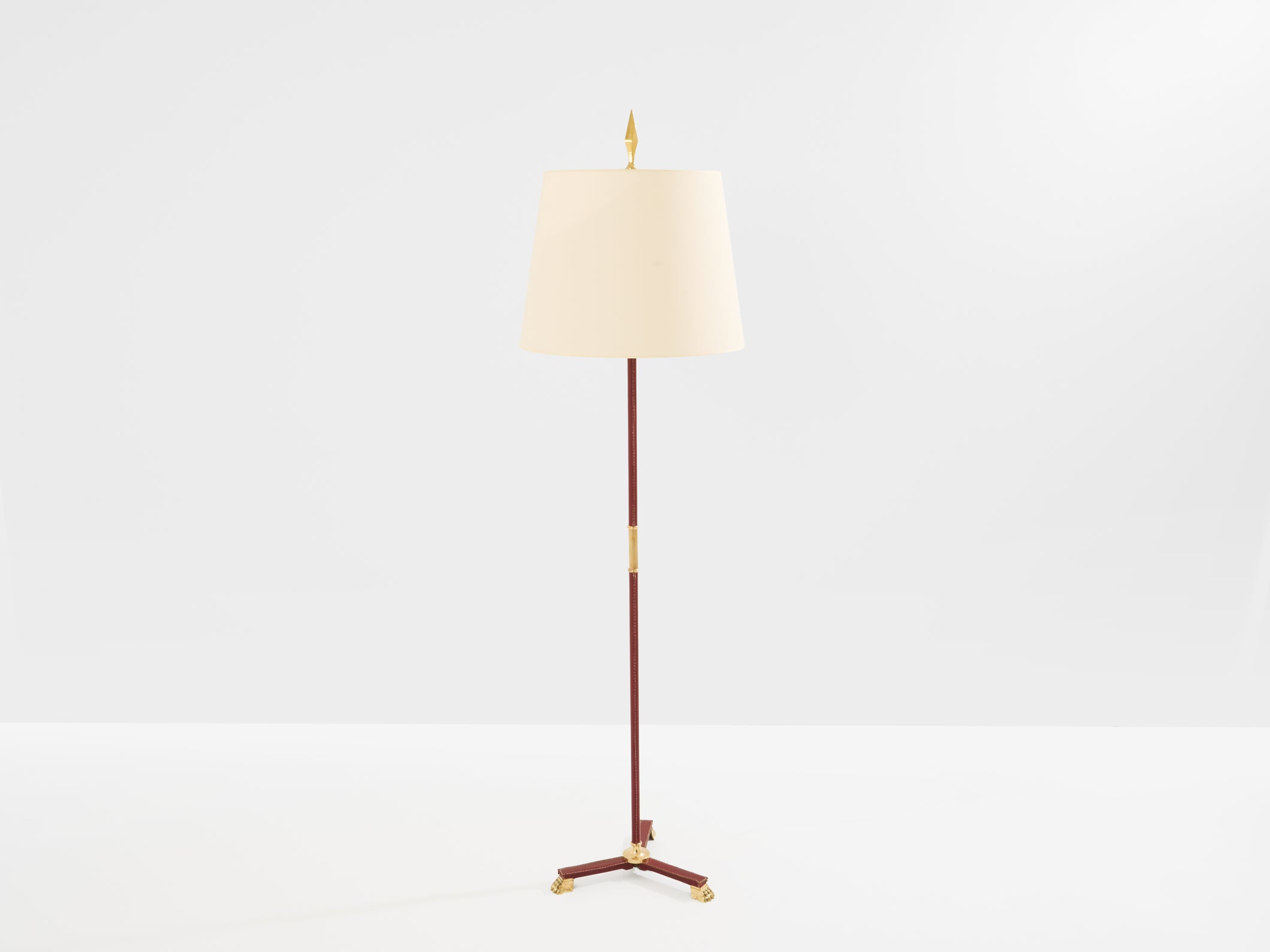 Jacques Adnet pique sellier red leather brass floor lamp 1950