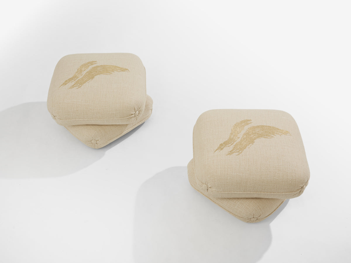Jacques Charpentier pour Jansen paire de poufs lin brodé 1970 