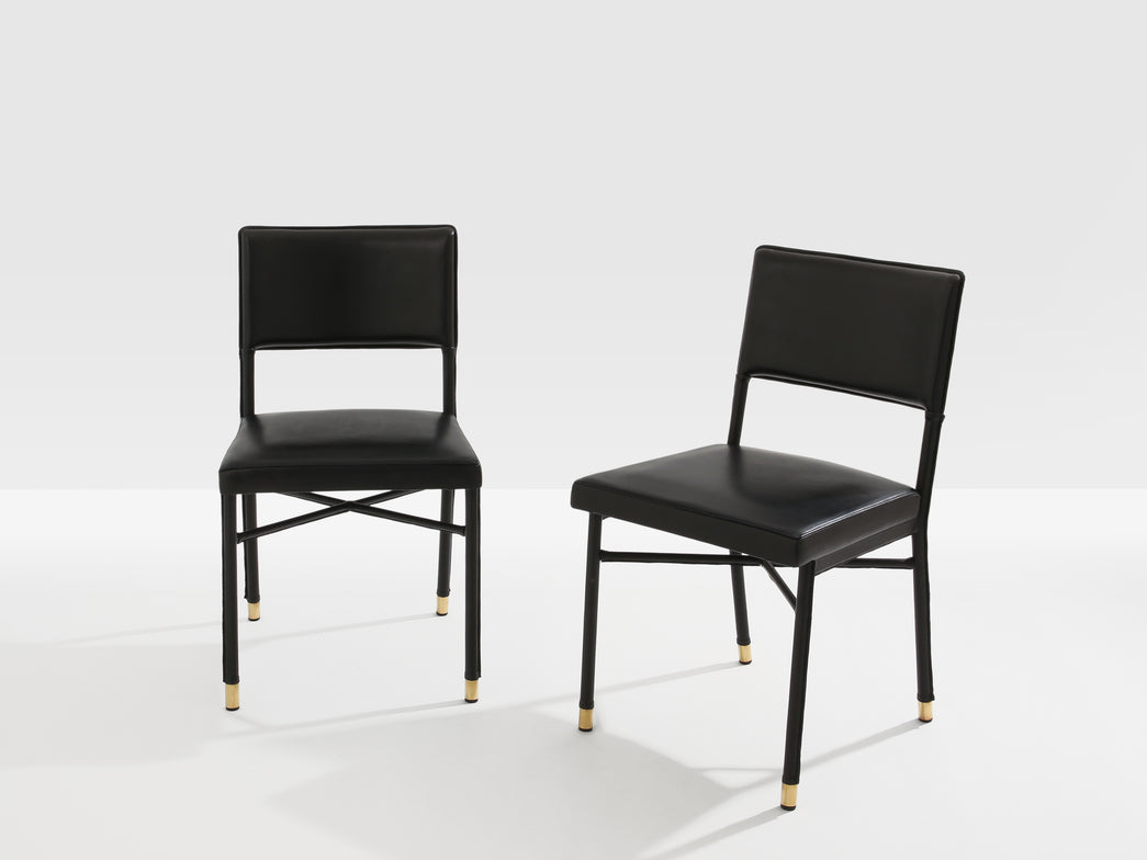 Jacques Quinet pair of saddle-stitched leather brass side chairs 1950