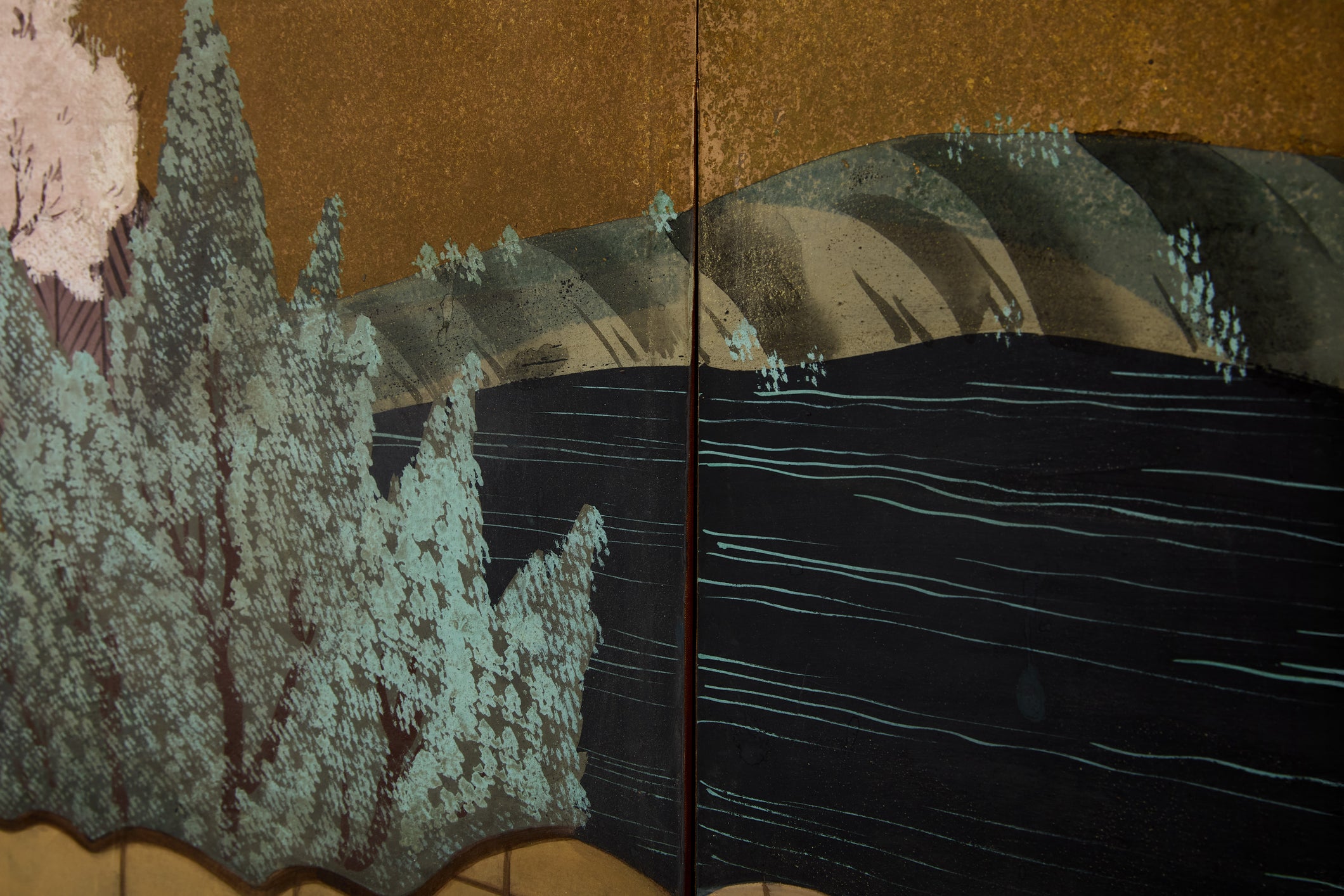 Paravent japonais Byobu à six panneaux sur papier période Edo 19ème