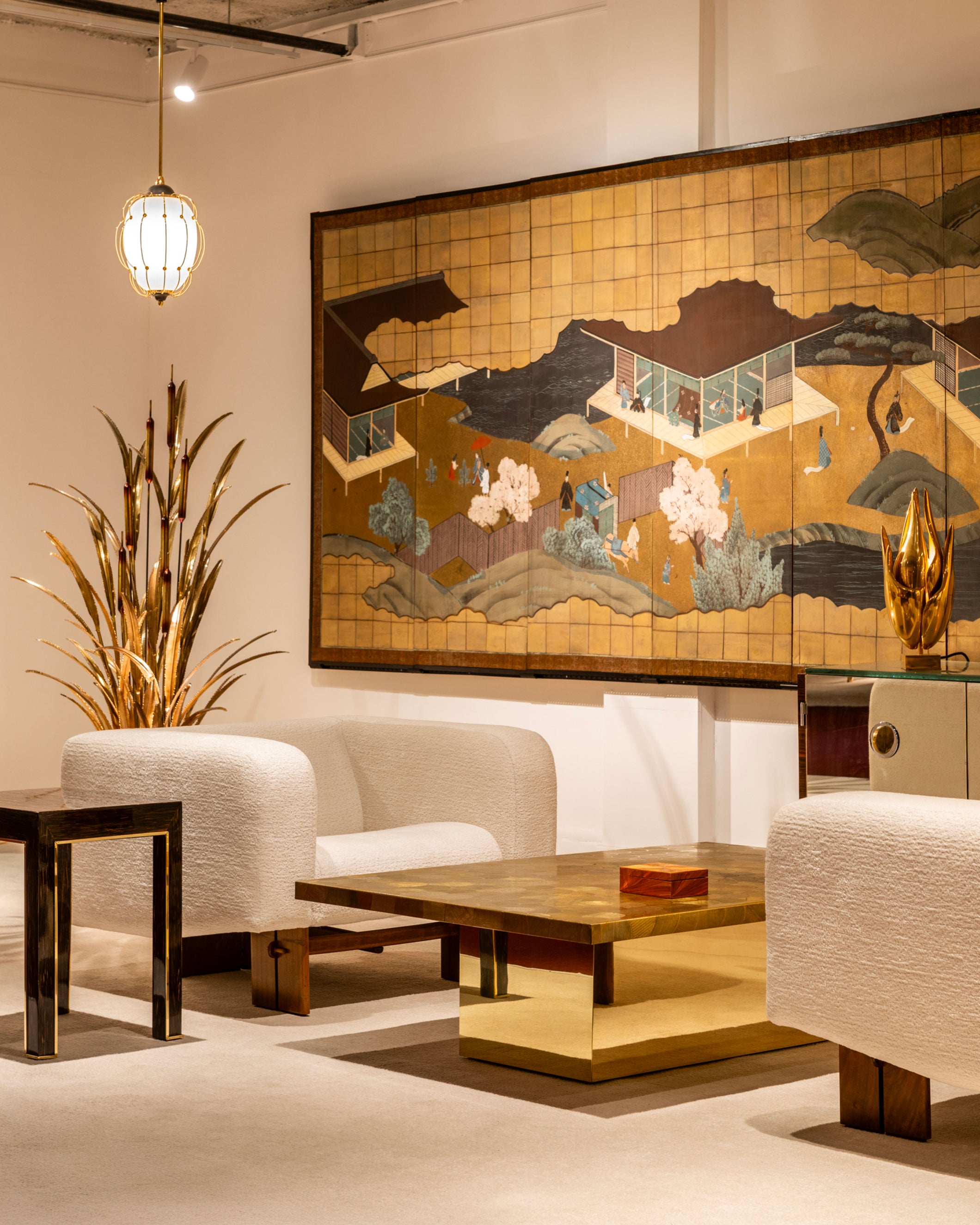 Paravent japonais Byobu à six panneaux sur papier période Edo 19ème