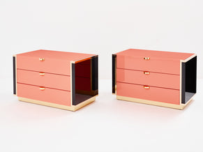 J.C. Mahey pair of pink black lacquer brass nightstands chests 1970s