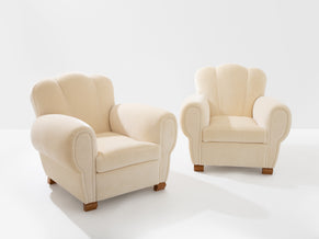 Jules Leleu paire de fauteuils clubs velours de mohair blanc 1940