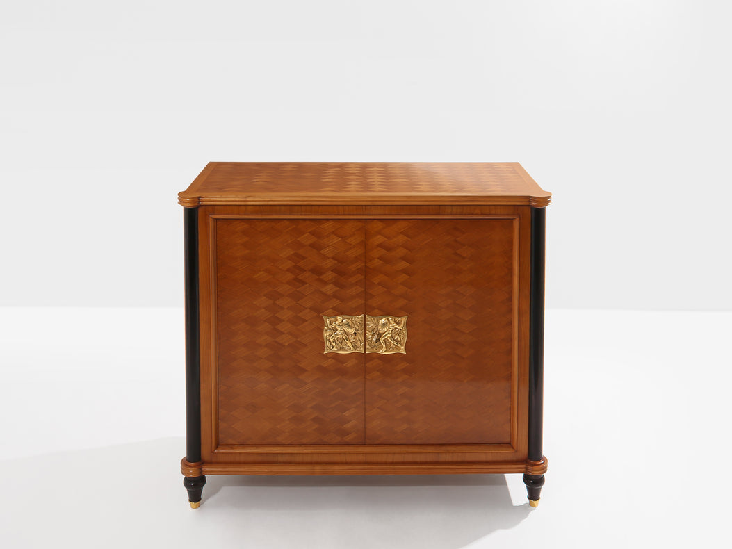 Jules Leleu two doors cabinet cherry wood marquetry bronze 1940