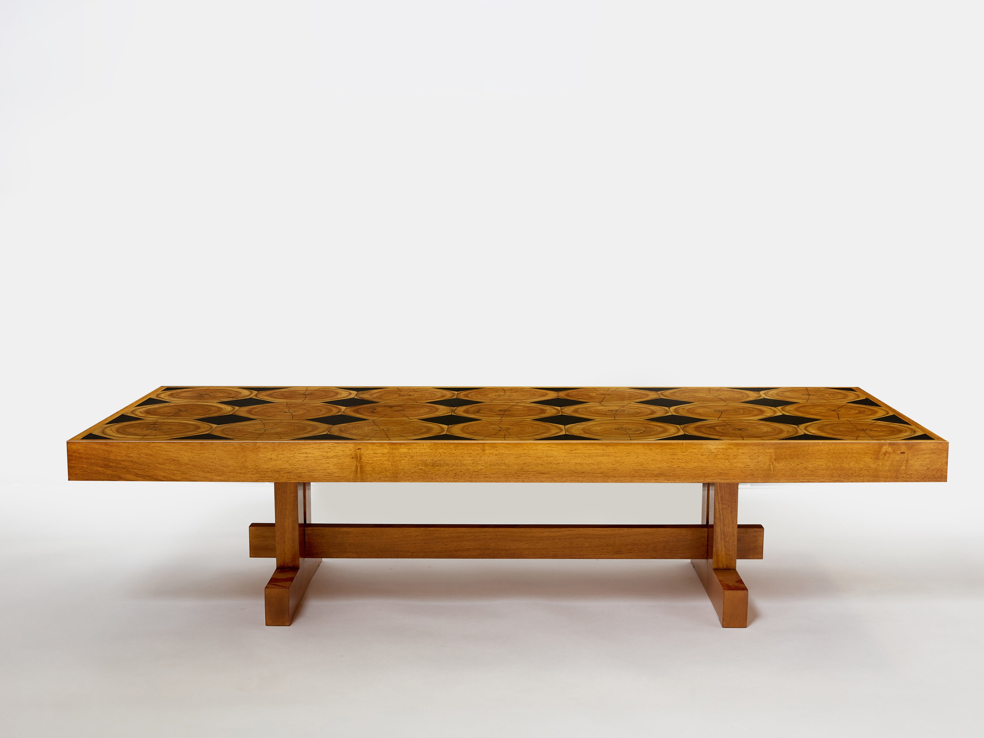 Large French coffee table oak wood petrified wood and slate top