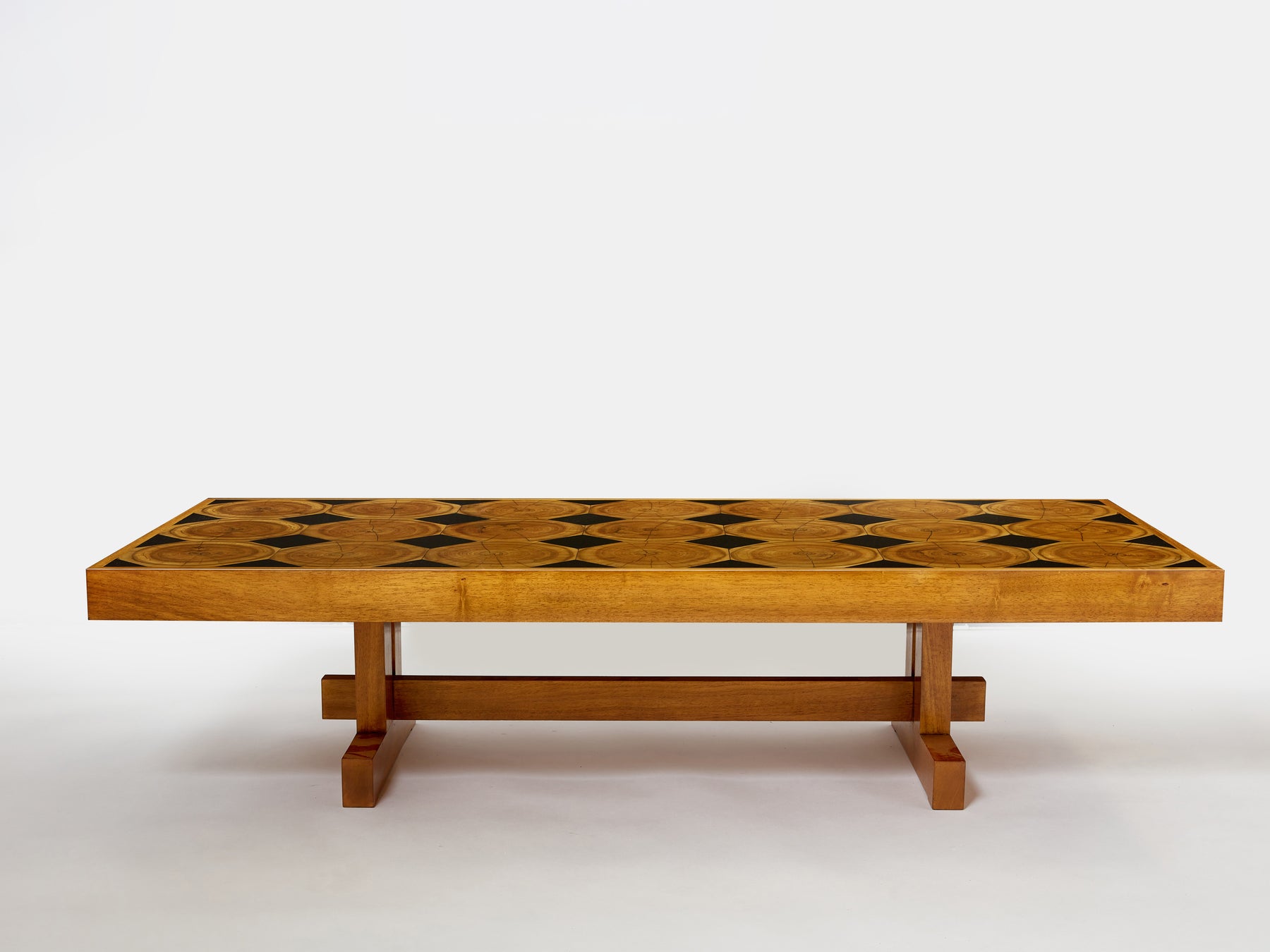 Large French coffee table oak wood petrified wood and slate top 1960