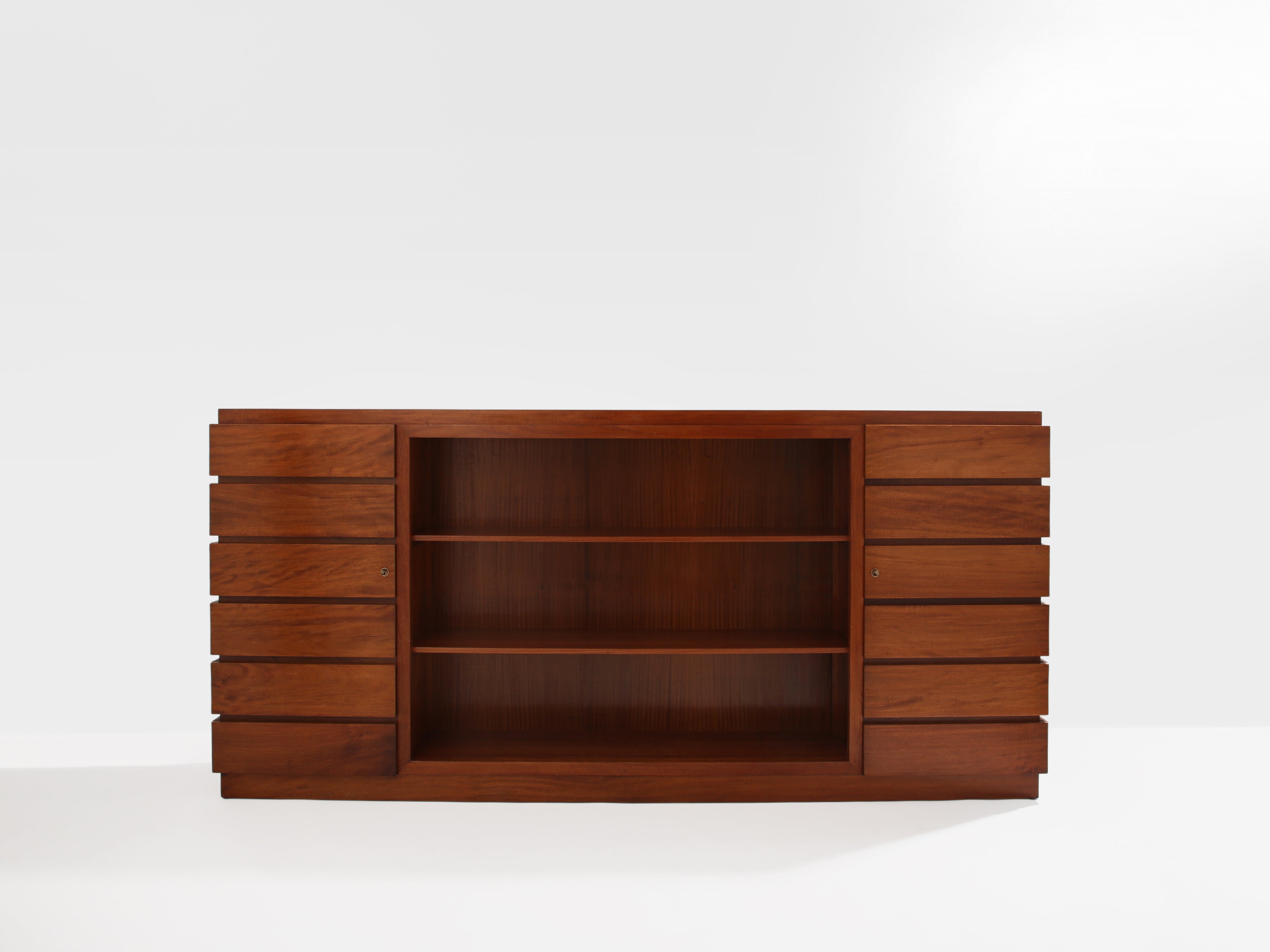 Large French modernist two doors cabinet solid mahogany 1940s