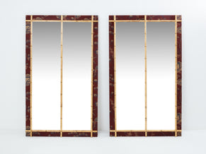 Grande paire de miroirs XIXème bois doré façon bambou et soierie