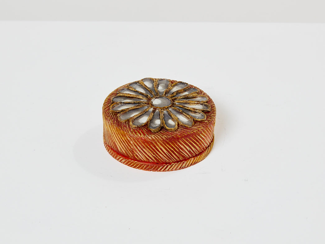 Line Vautrin orange talosel marguerite mirror round box 1960