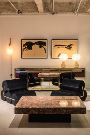 Enfilade laiton miroir pieds plexiglas de Michel Pigneres 1970