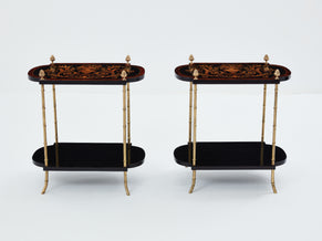 Maison Baguès bronze bamboo wood marquetry side tables 1940s