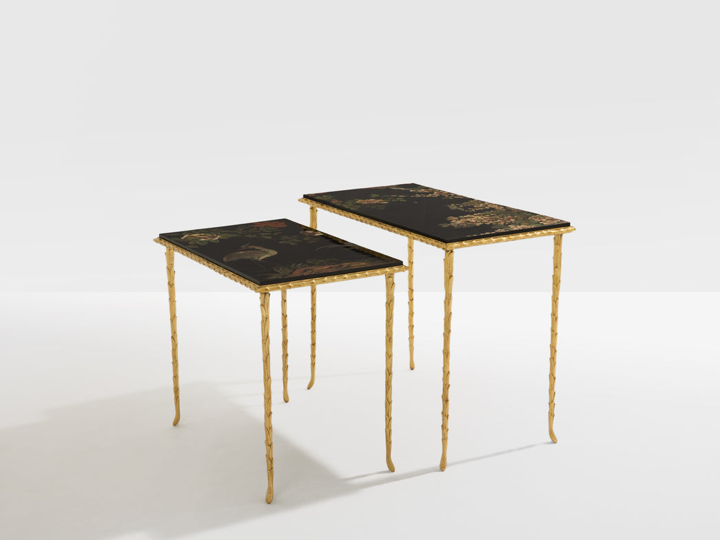 Maison Baguès foliage gilt bronze chinoiserie lacquered side tables 1950s