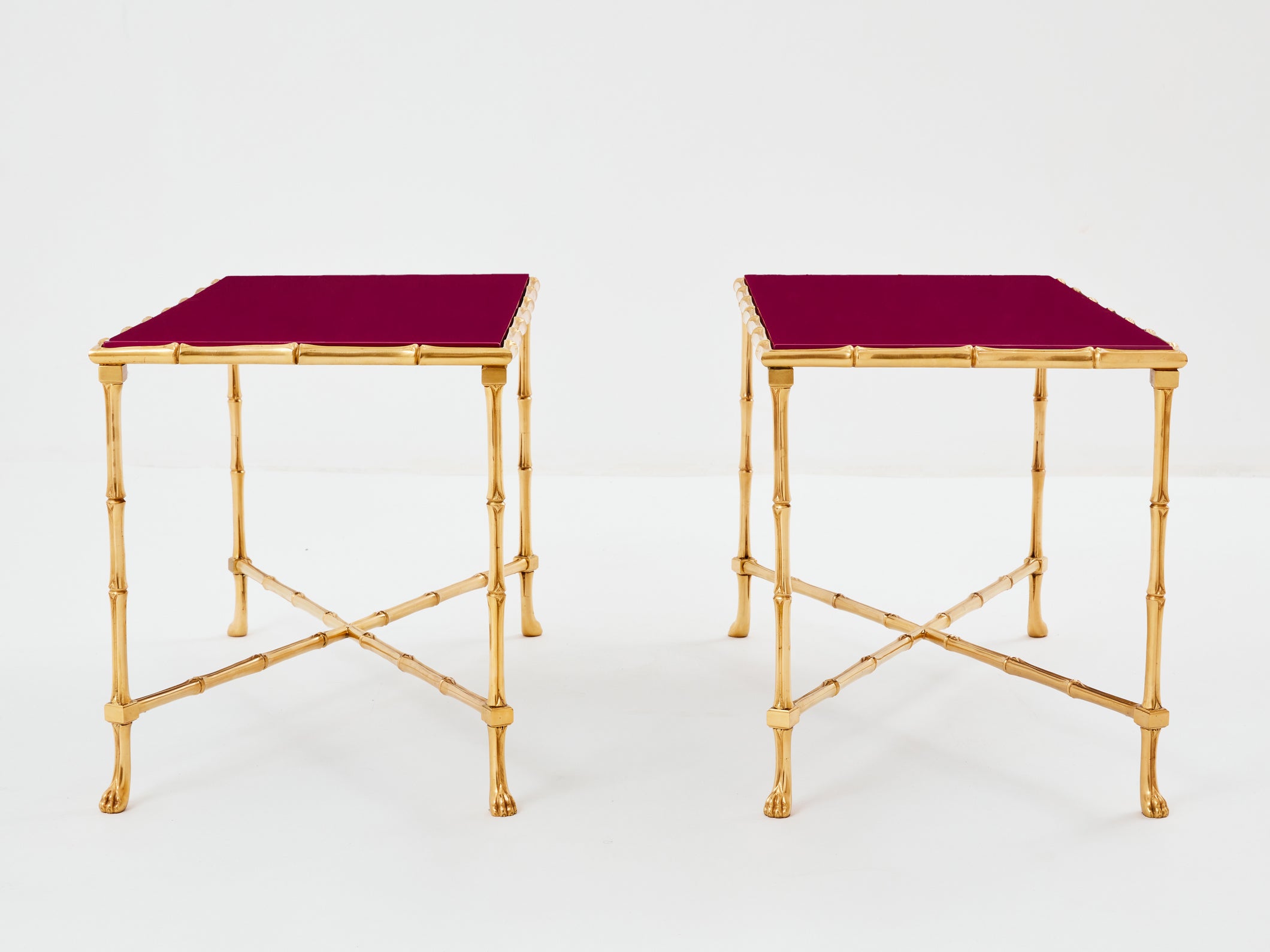 Maison Baguès pair of bamboo brass red lacquer end tables 1960s
