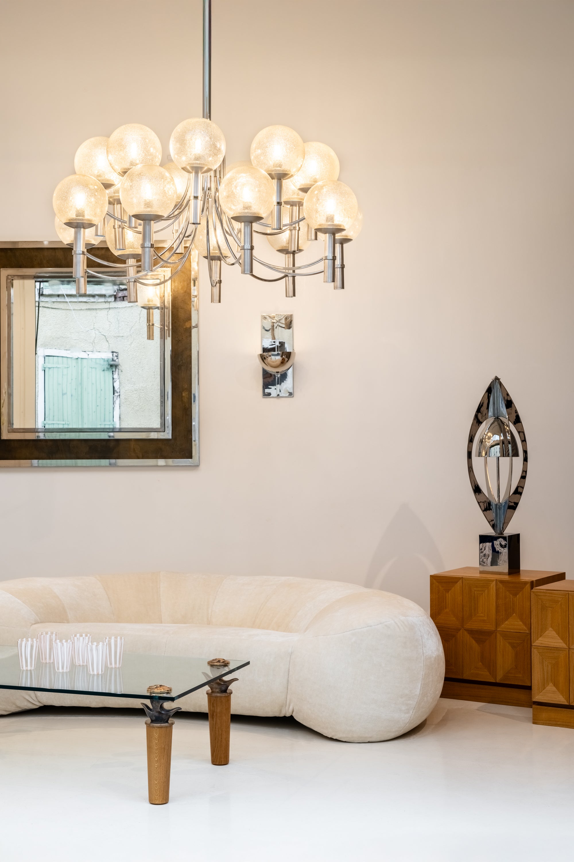 Pair of unique Veronese chandeliers 65 inches steel Murano glass 1970