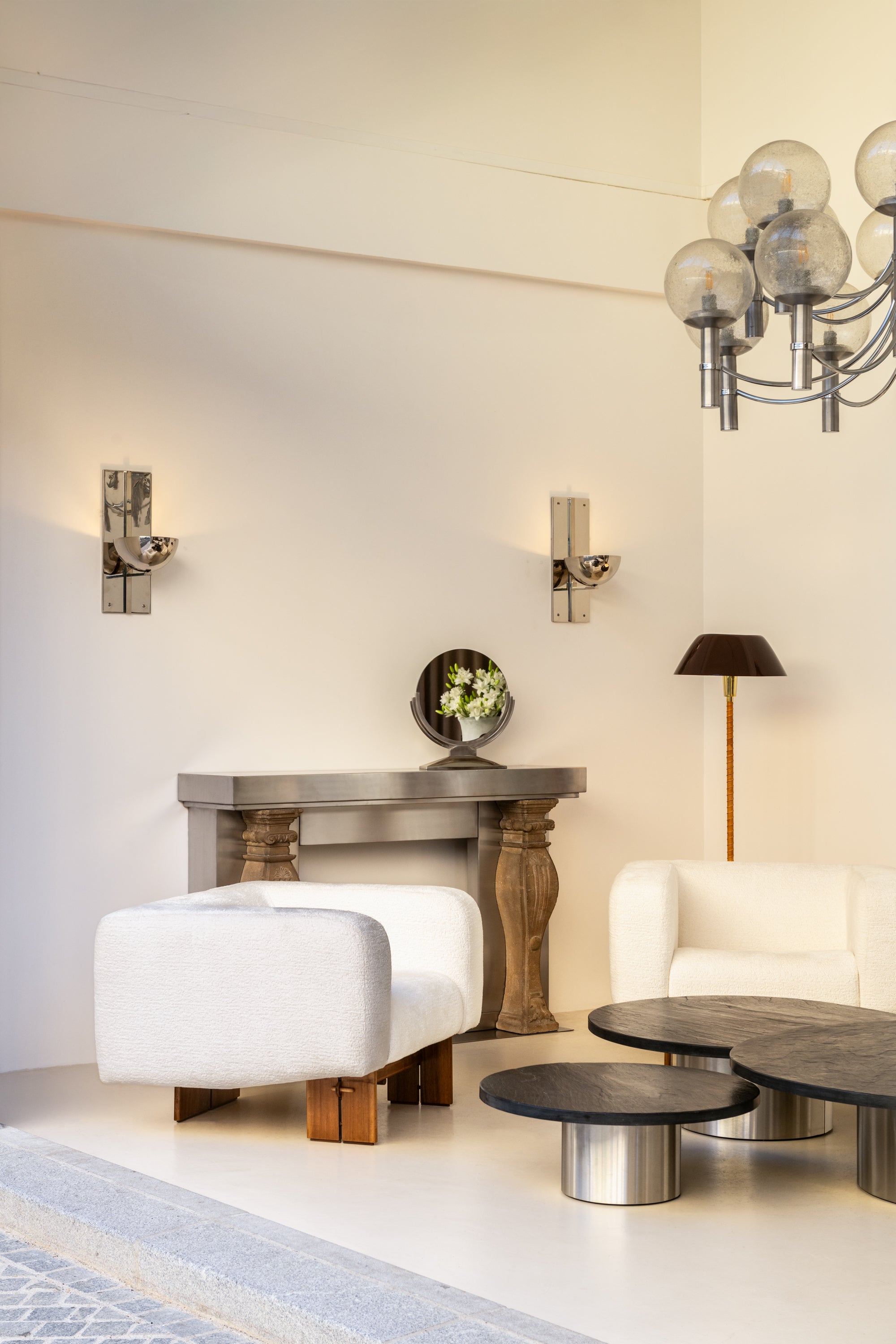 Maison Jansen fireplace mantel brushed steel and carved stone 1968