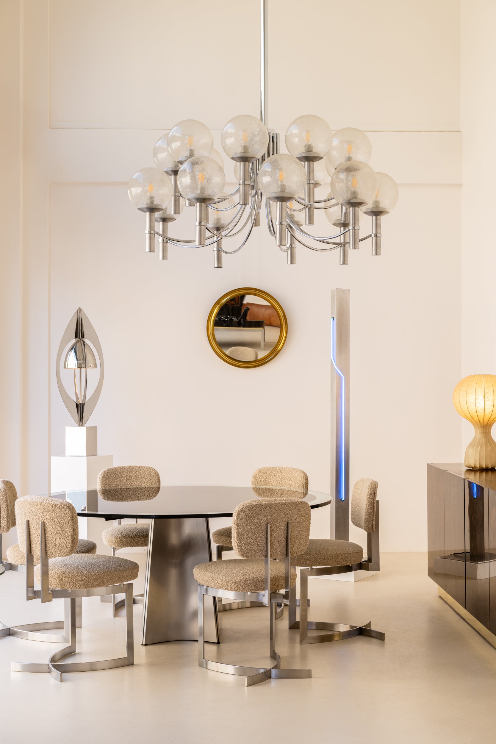 Pair of unique Veronese chandeliers 65 inches steel Murano glass 1970