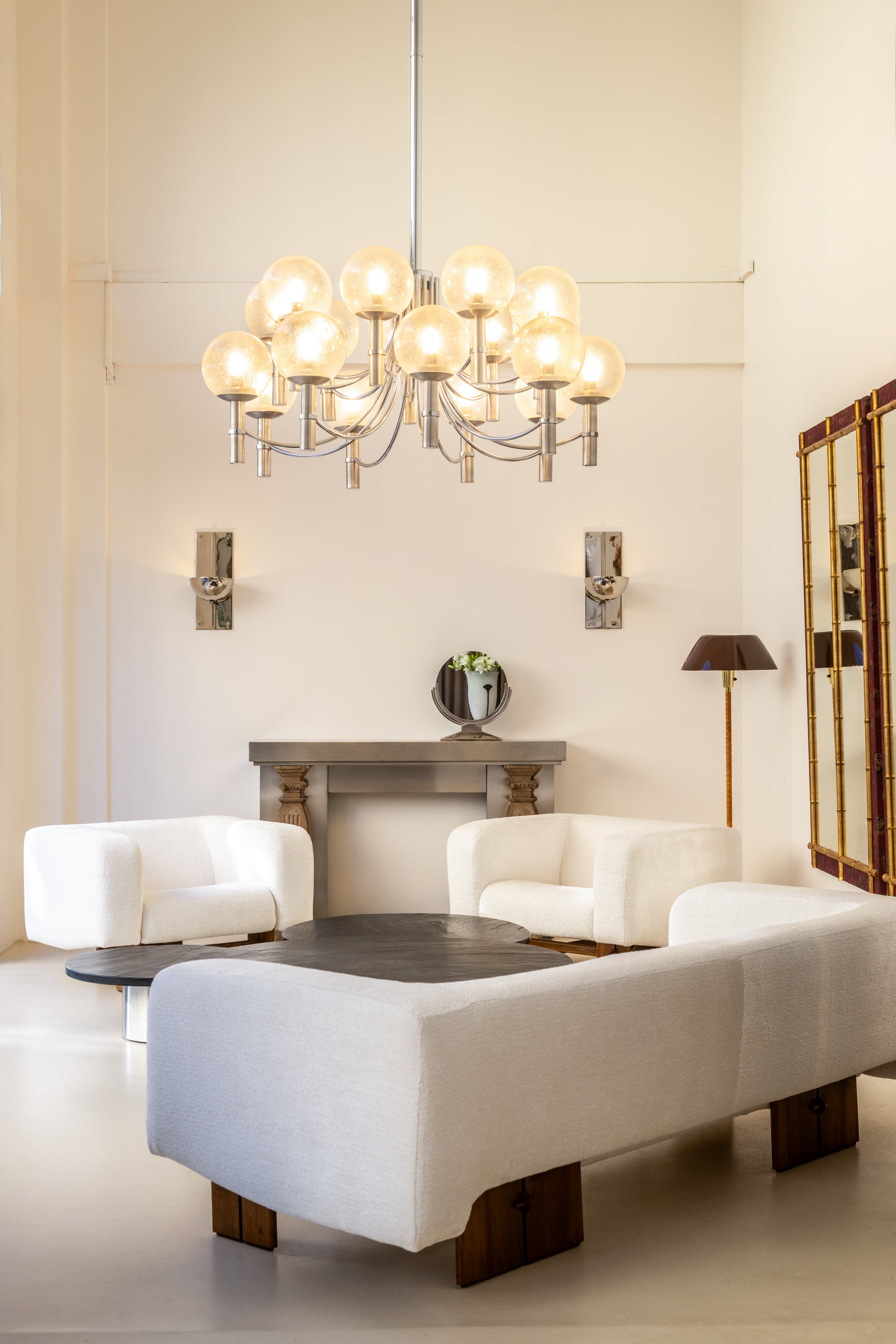 Italian brutalist sofa solid walnut and white chenille velvet 1960s