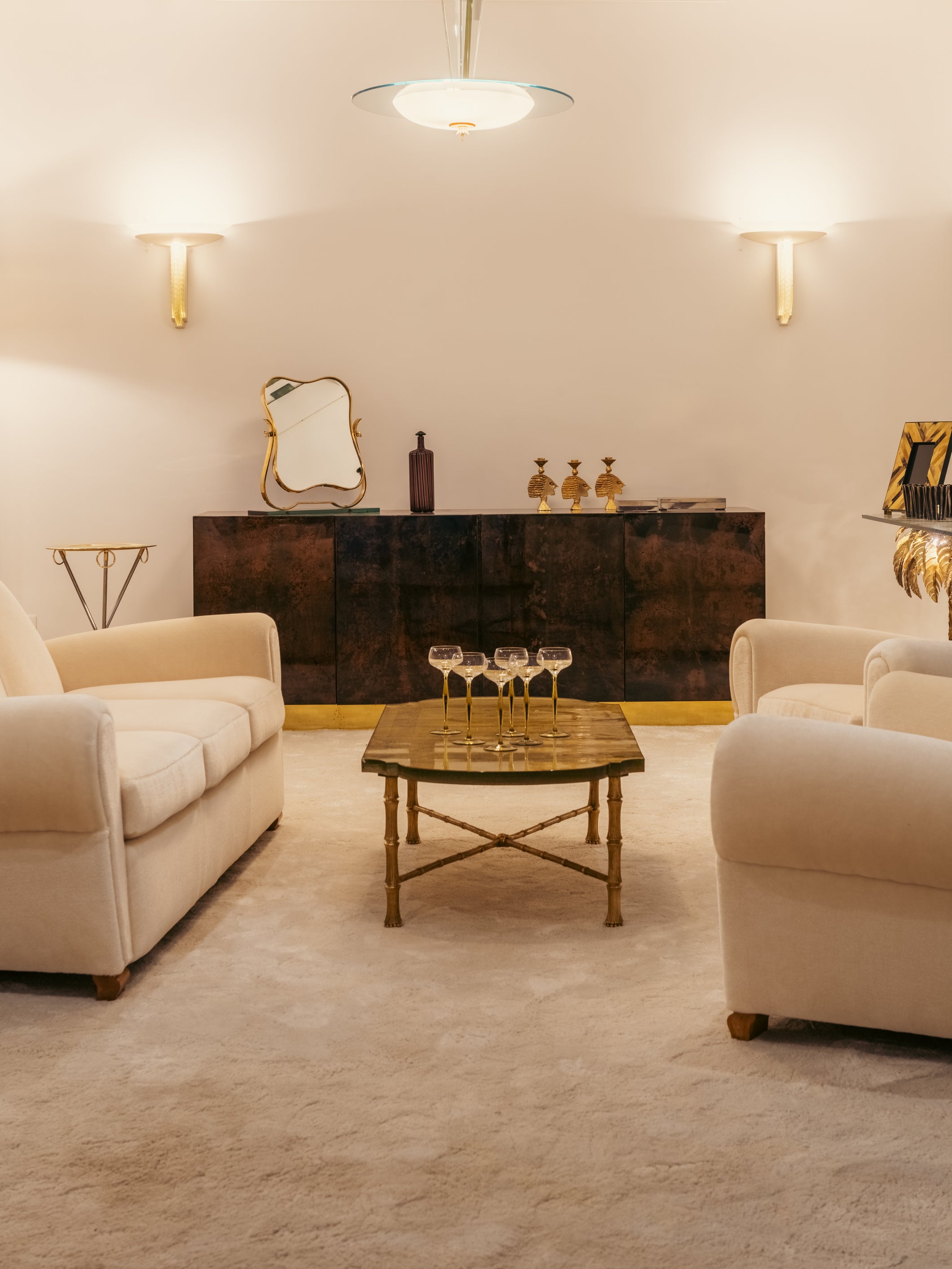 Aldo Tura brown goatskin parchment brass sideboard 1960s