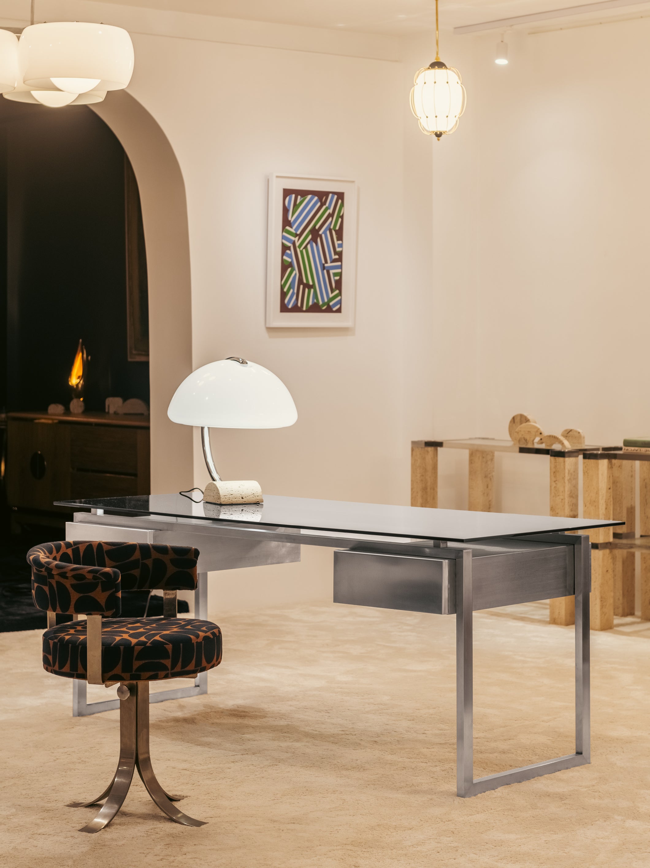 Bureau inox brossé verre fumé gris de Patrice Maffei pour Kappa 1970