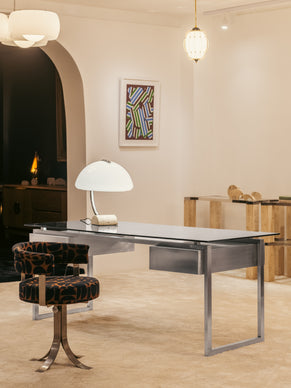 Bureau inox brossé verre fumé gris de Patrice Maffei pour Kappa 1970