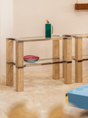 Paire de consoles travertin et chrome François Catroux 1973
