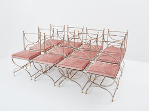 Maison Jansen rare set de 12 chaises acier laiton velours rose 1960