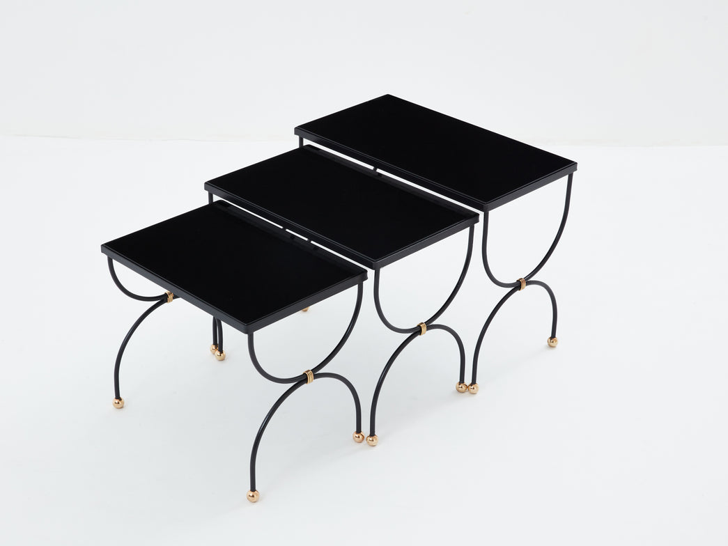 Maison Jansen tables Gigognes metal laiton verre opalin noir 1960 