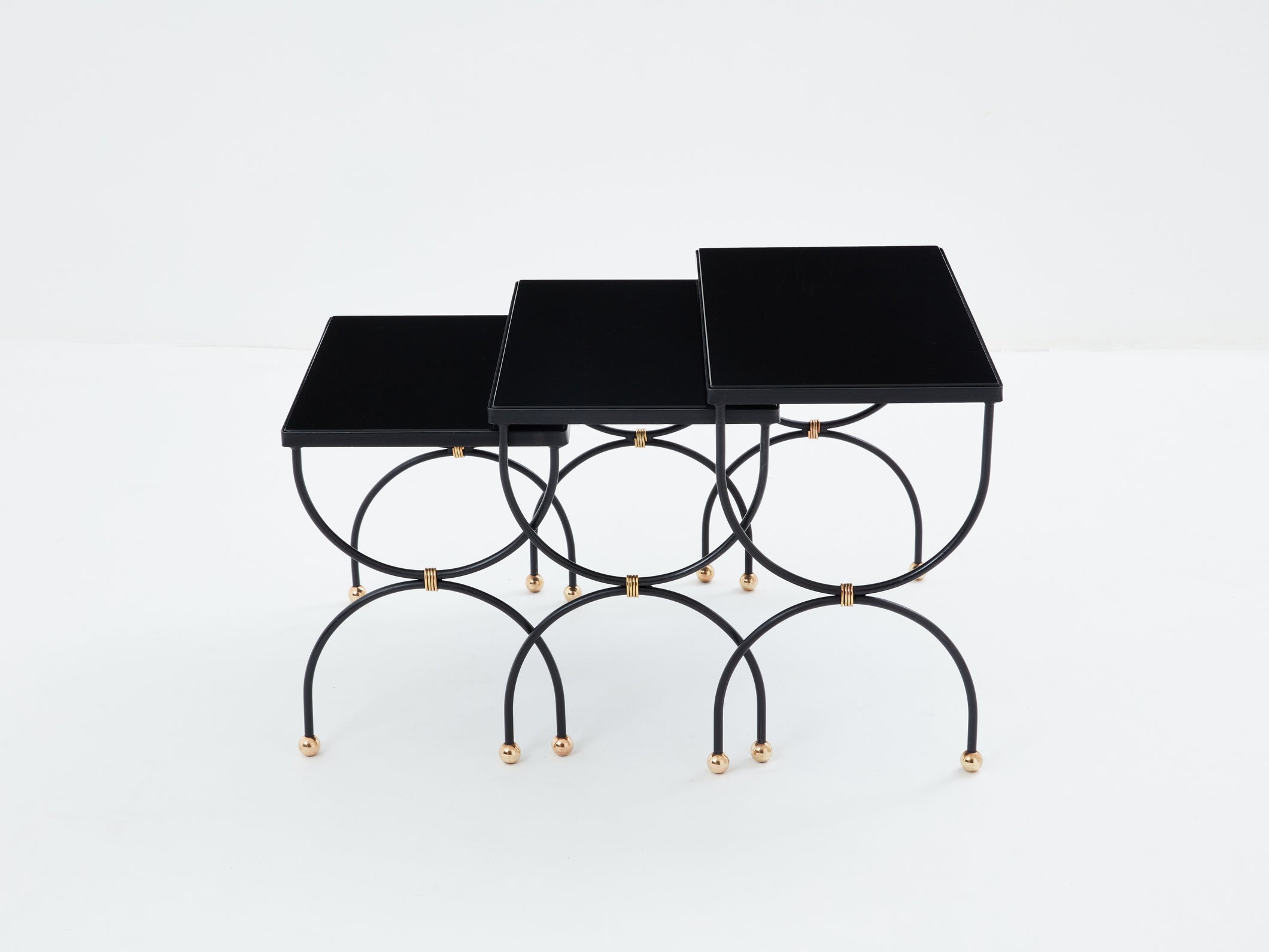 Maison Jansen black brass opaline glass nesting tables 1960s