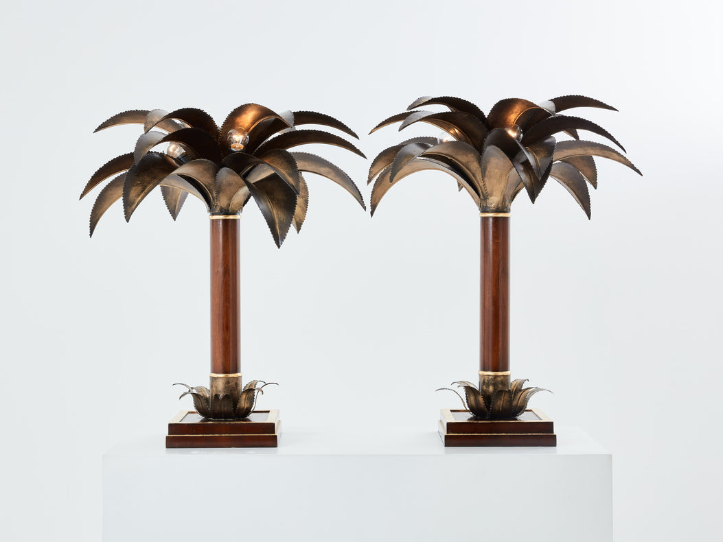 Maison Jansen paire de lampes palmier acajou bronze 1960s 