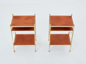 Maison Jansen pair of three-tier side tables brass brown leather 1970s