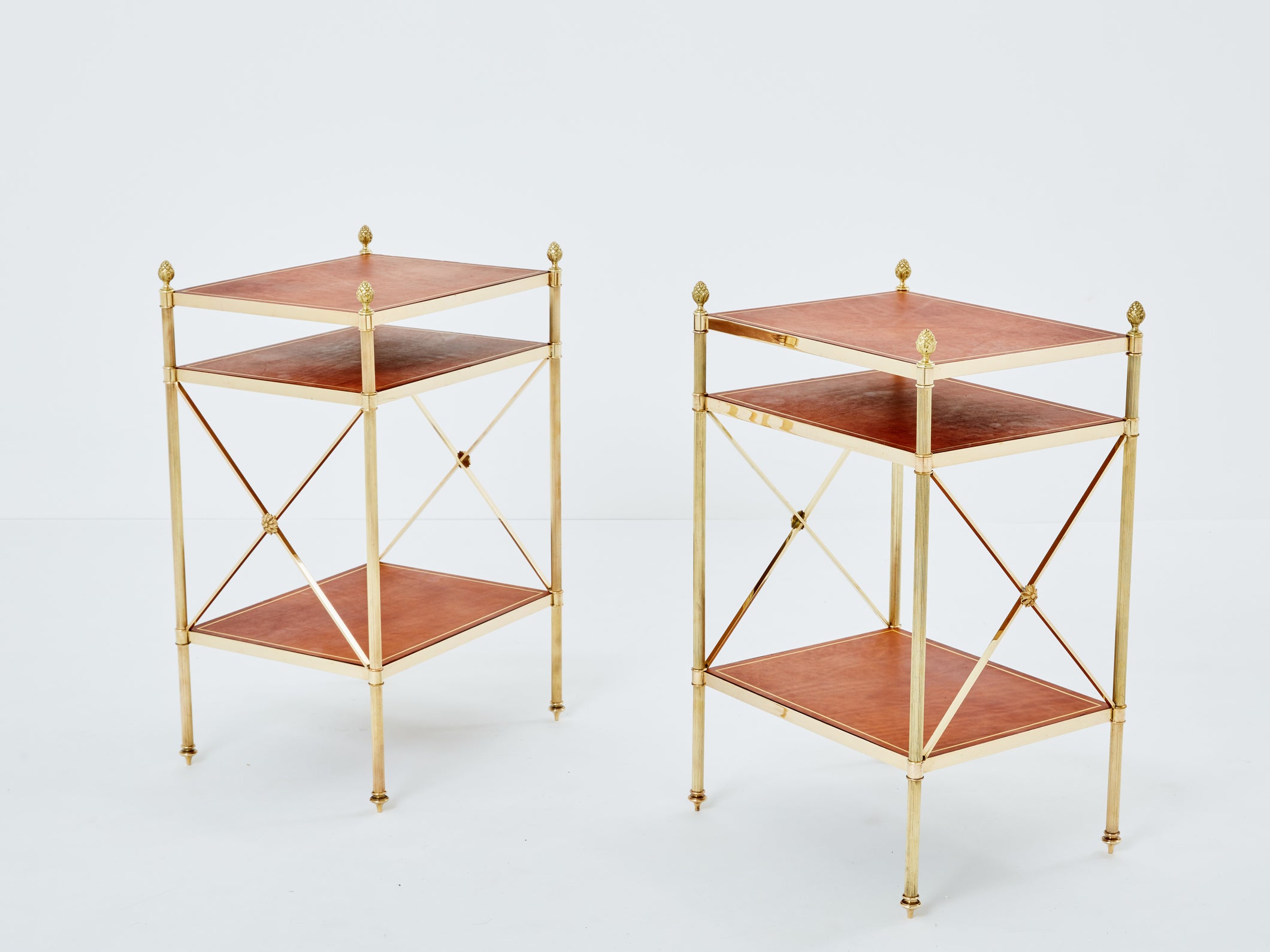 Maison Jansen pair of three-tier side tables brass brown leather 1970s