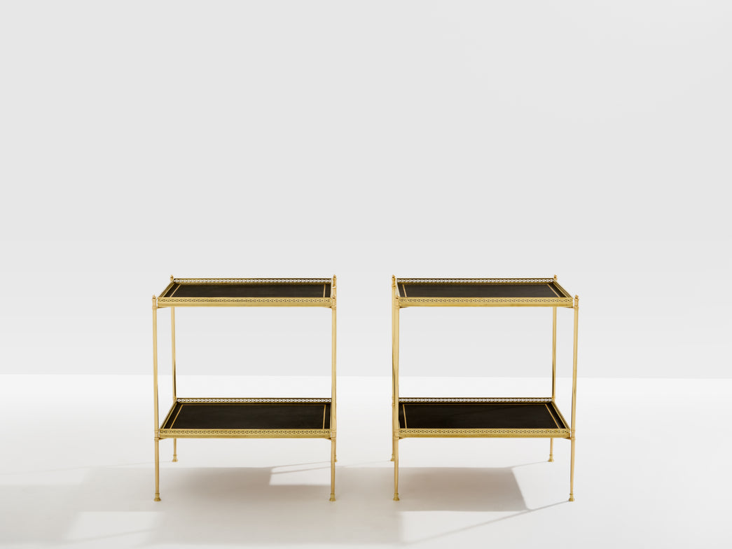 Maison Jansen pair of two-tier side tables brass black leather 1960s