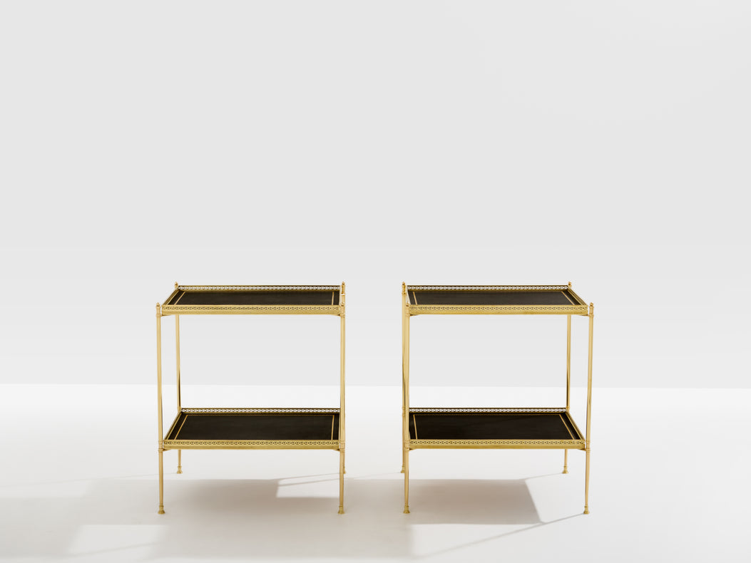 Maison Jansen pair of two-tier side tables brass black leather 1960s