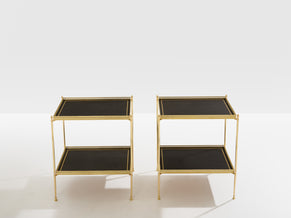 Maison Jansen pair of two-tier side tables brass black leather 1960s