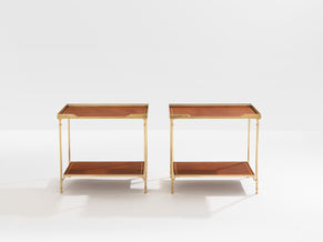 Maison Jansen pair of two-tier side tables brass brown leather 1960s